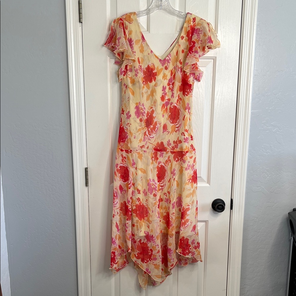 Vintage 90s butter yellow & red floral flutter handkerchief hem midi dress 12
